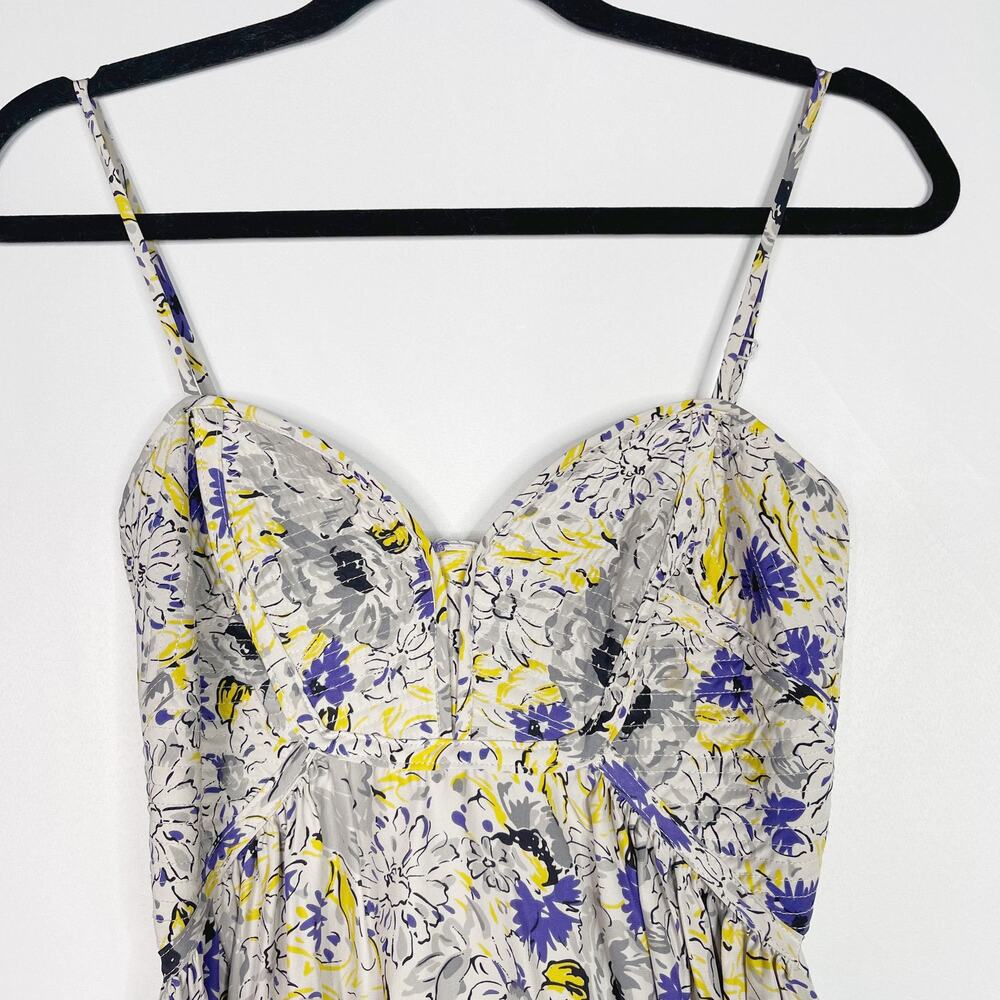 Parker Small S Gray Purple Yellow Silk Floral Dress Sweetheart Neckline Zip Back - Picture 3 of 12